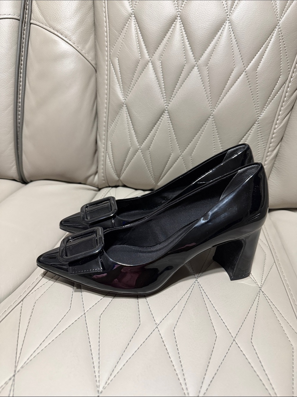 Anne Klein Black Patent Block Heel Pumps with Decorative Buckle - Picture 6 of 10